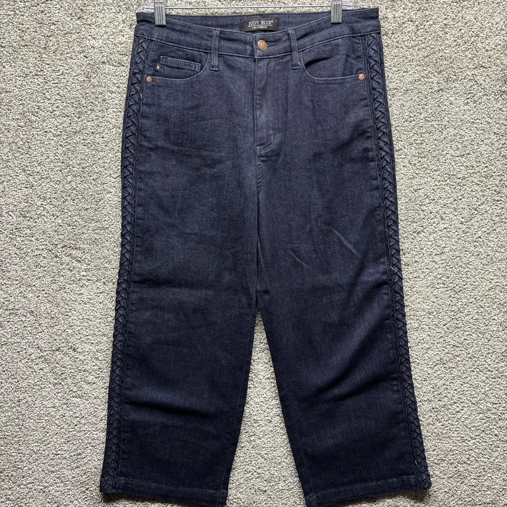 Judy Blue Wide Leg Denim Jeans Women's 11/30x25 Cropped Blue‎ Braided Sides NWOT